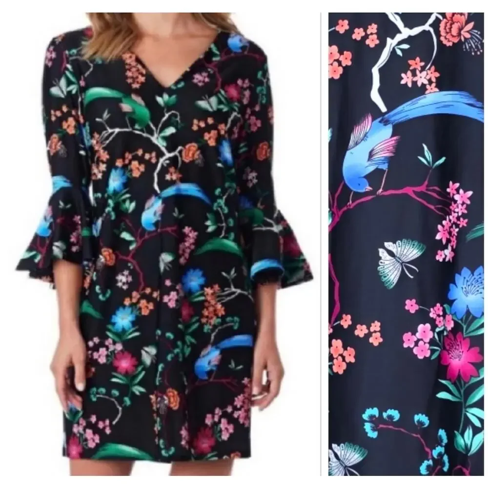 Jude Connally Black Floral Menagerie V Neck Mini Dress XL NEW - Picture 1 of 8